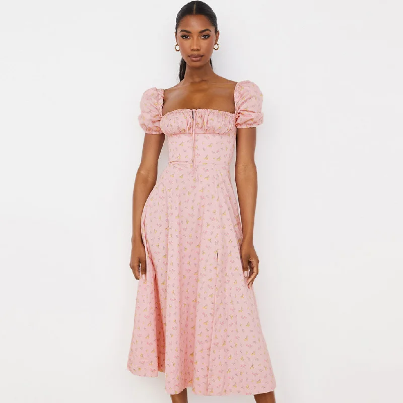Act Fast Square Neck Tie Front High Slit Puff Sleeve Midi Floral Dress - Pink