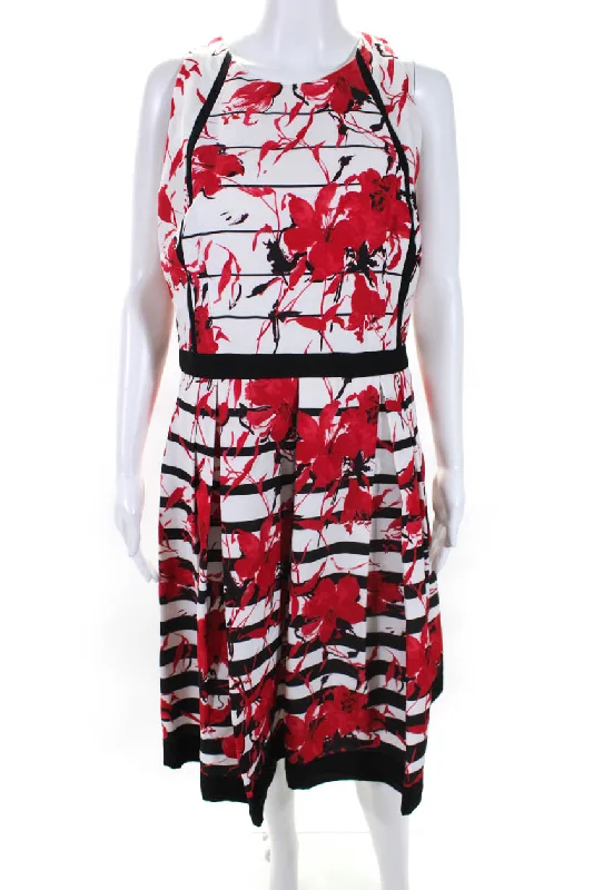 Carmen Marc Valvo Womens Floral Striped Red and White Dress