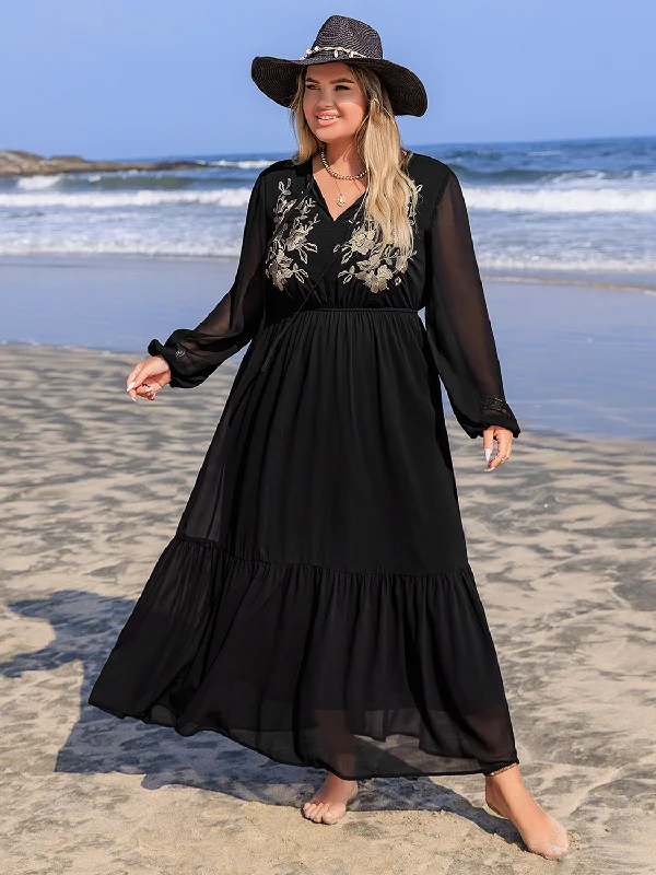 Bargain Prices Plus Size Embroidered Tie Neck Long Sleeve Dress