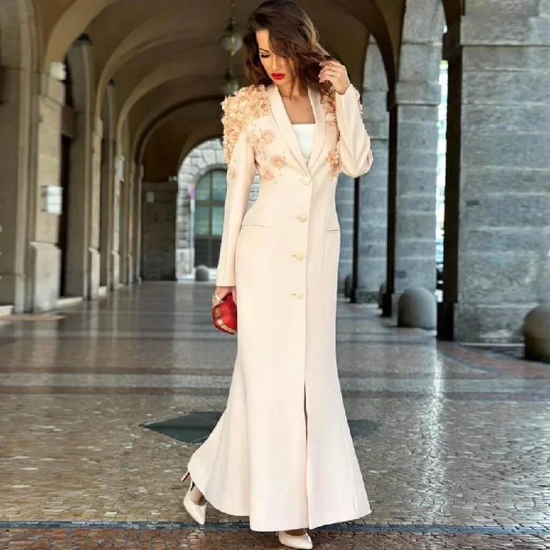 Epic Deals Elegant Rosette Applique Strong Shoulder Single Breasted Long Blazer Dress
