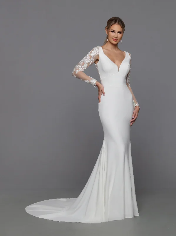 Price Smash DaVinci Bridal 50776 Fit And Flare V-Neck Sheer Lace Applique Back Bodice Sleeves Train Wedding Gown