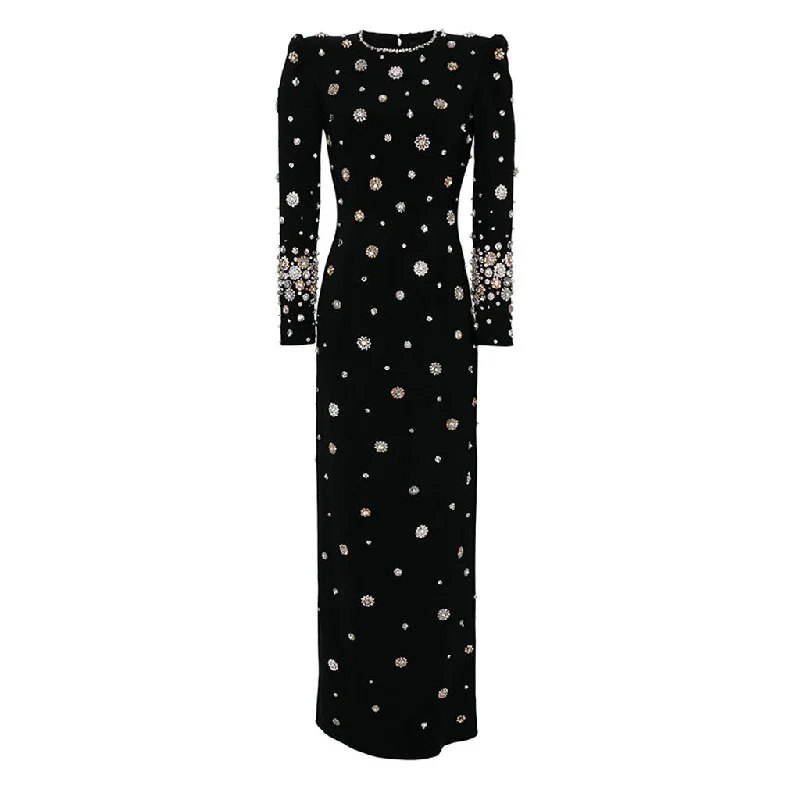 YEAR-End Sale Opulent Faux Pearl Rhinestone Crew Neck Long Sleeve Crepe Maxi Evening Dress
