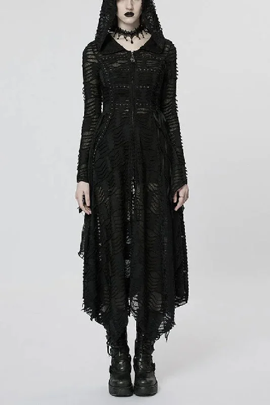 Quick Sale Lace Mesh Irregular Hem Hooded Womens Gothic Coat 2 Colors