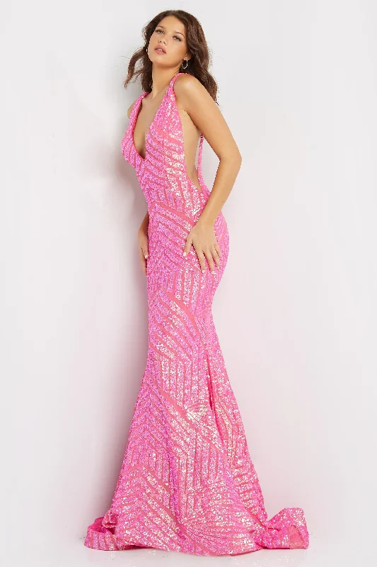 Jovani 59762 Sequin Size 8 Neon Hot Pink Embellished Mermaid prom dress Pageant Gown