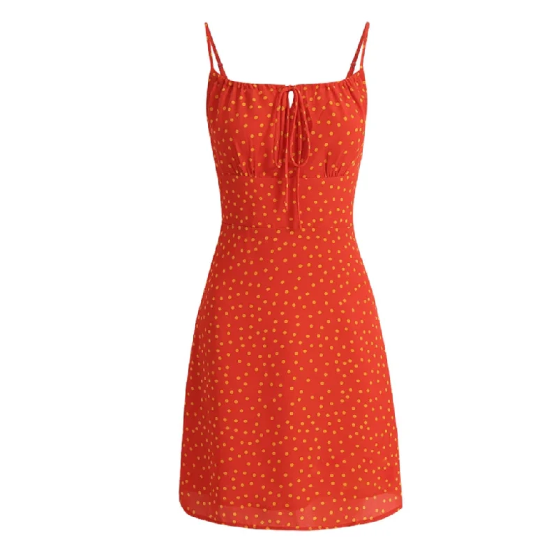 Shop and Save Sexy Tie Neck Smocked Sleeveless A Line Polka Dot Print Mini Sundress