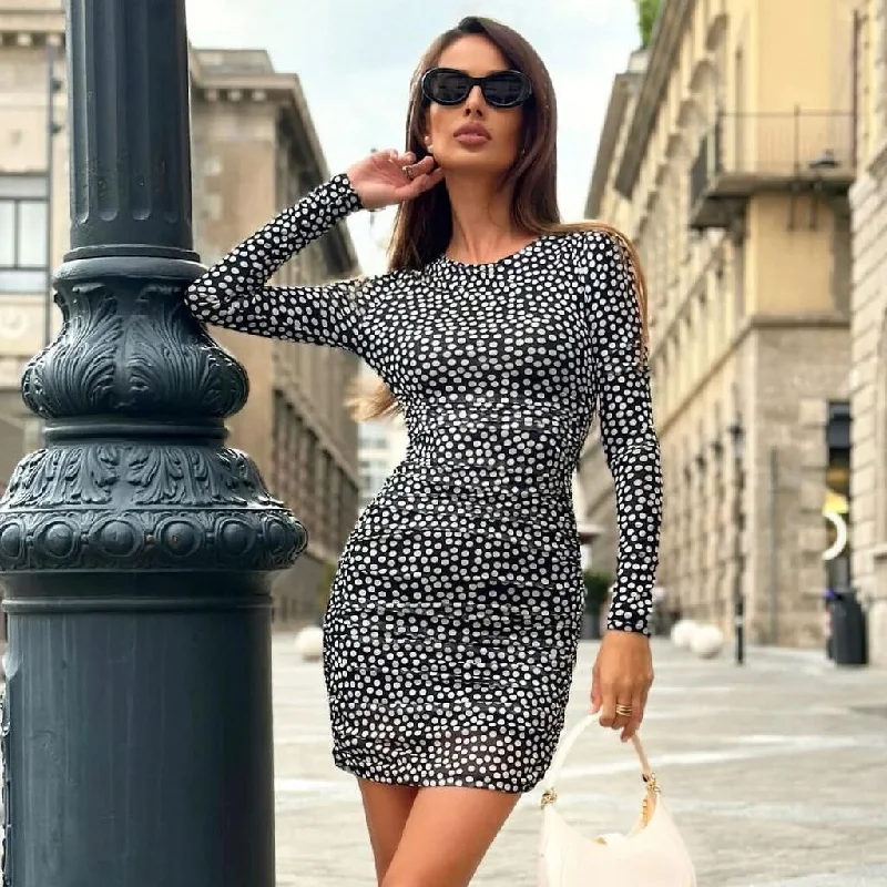 Early Access Sexy Black and White Polka Dot Printed Long Sleeve Ruched Mesh Mini Party Dress