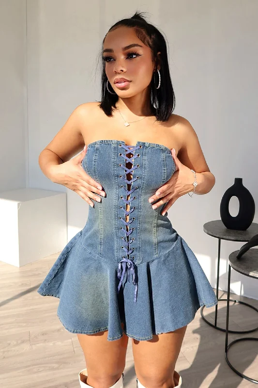 Extra Discounts Sweet Denim Corset Flare Mini Dress