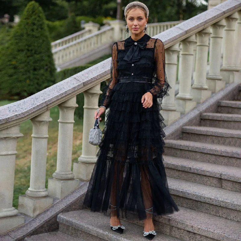 Buy Now Sparkly Crystal Bow Collared Bishop Sleeve Dotted Tulle Ruffle Tiered Maxi Dress Buy Now Sparkly Crystal Bow Collared Bishop Sleeve Dotted Tulle Ruffle Tiered Maxi Dress