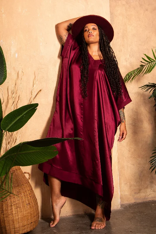 Quick Sale The Muse Italian Silk Caftan in Wine with V neckline