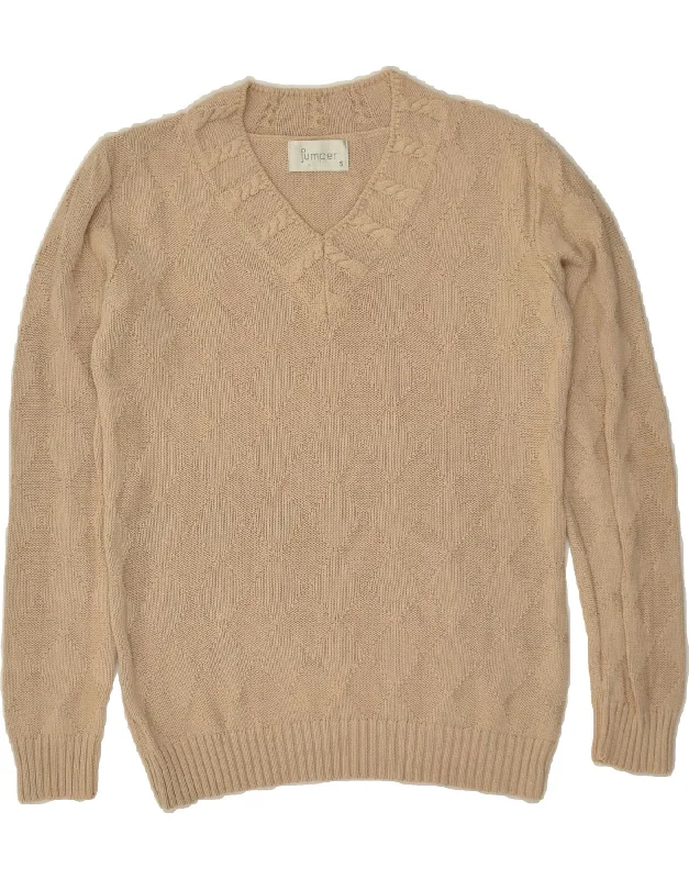 Season Finale Sale VINTAGE Womens V-Neck Jumper Sweater UK 10 Small Beige Cotton