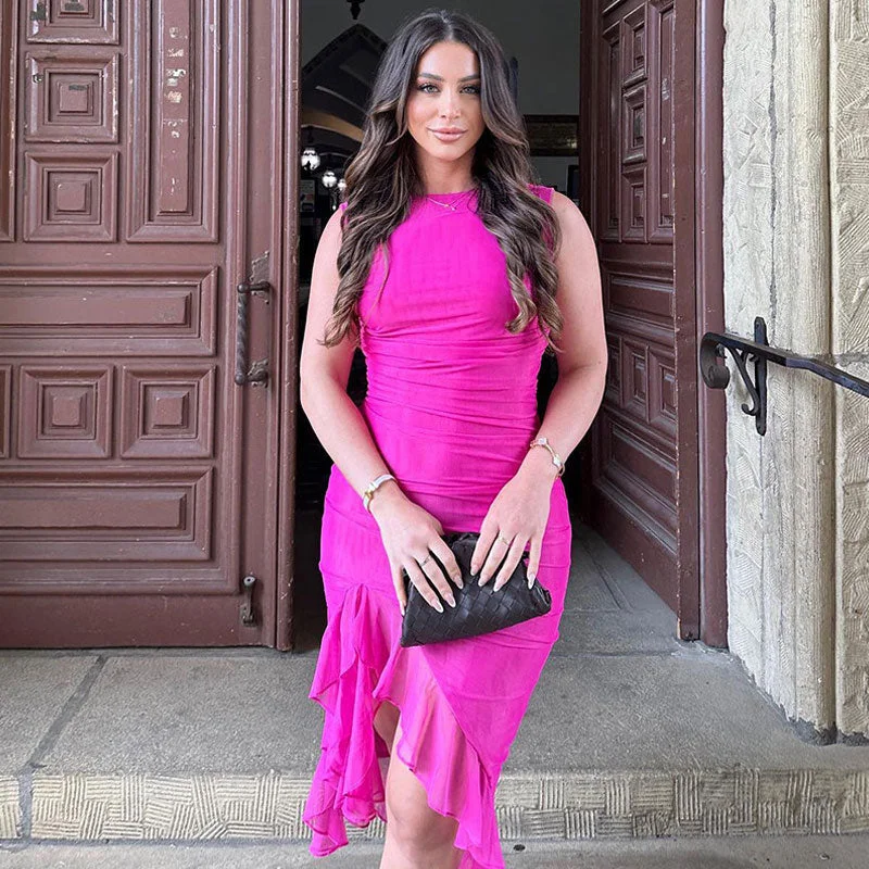 Massive Deals Feminine Crew Neck Sleeveless Ruched Mesh Bodycon Ruffle Midi Party Dress Massive Deals Feminine Crew Neck Sleeveless Ruched Mesh Bodycon Ruffle Midi Party Dress