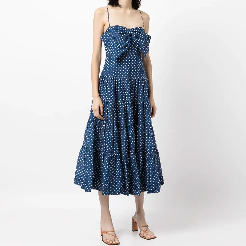 Quick Sale Adorable Polka Dot Bow Trim A-Line Slip Midi Dress - Blue