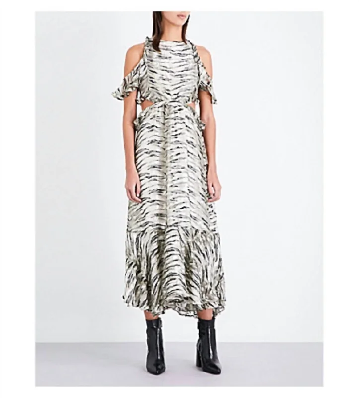 Animal Print Silk Ruffle Open Back Cutout Midi Dress In Grey