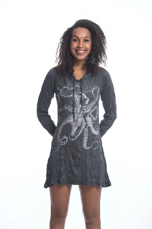 Sure Design Women's Octopus Hoodie Dress Silver on Black