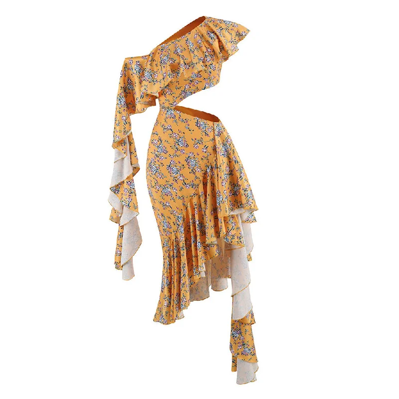 Exclusive Savings Asymmetrical One Shoulder Cutout Draped Ruffle Floral Print Evening Dress