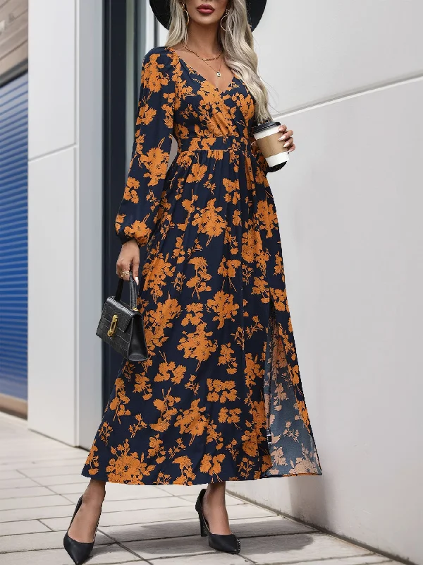 Deep Discounts Split Printed Surplice Long Sleeve Midi Dress