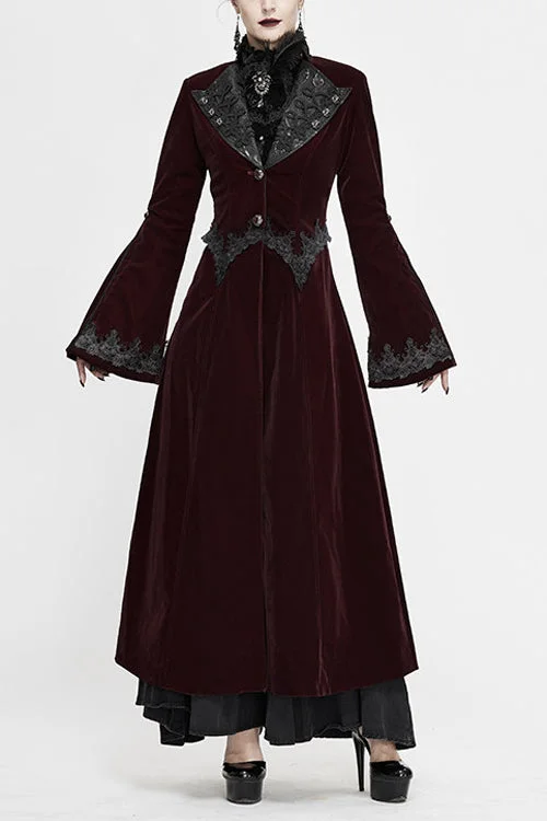 Red Lace Flared Sleeves Velvet Long Womens Gothic Coat