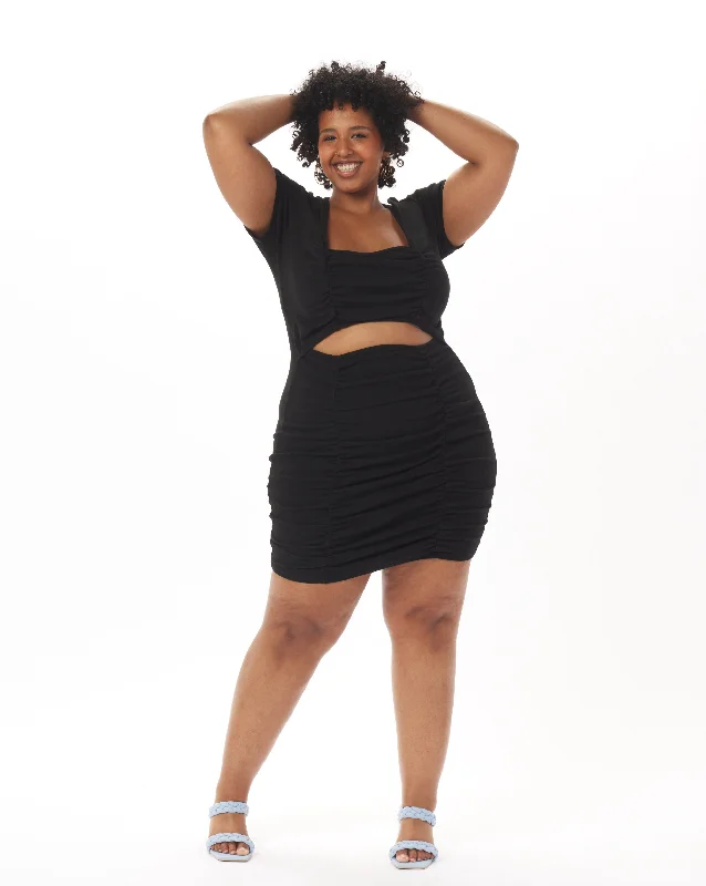 Deep Discounts "Christian" Ruched Cotton Cut-Out Dress in Black