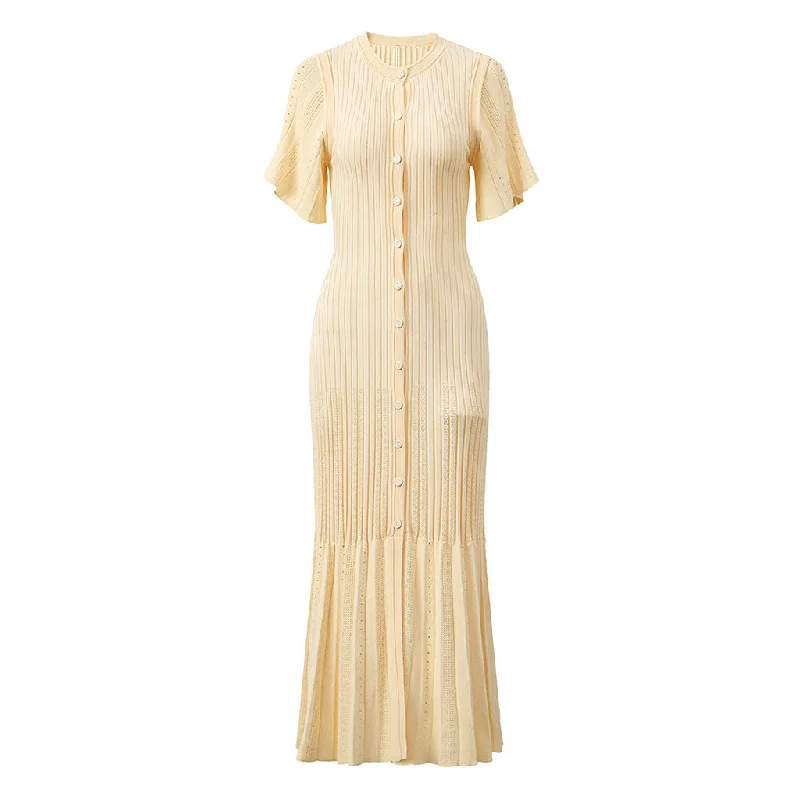 Flash Deals Elegant Pointelle Knit Sleeve Button Up Ribbed Pleated Fishtail Sweater Maxi Dress