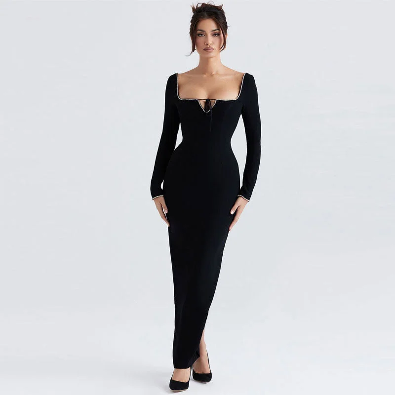 Price Buster Classy Rhinestone Square Neck Long Sleeve Open Back Maxi Bandage Dress - Black Price Buster Classy Rhinestone Square Neck Long Sleeve Open Back Maxi Bandage Dress - Black