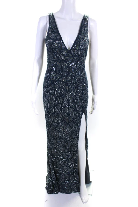 Mac Duggal Womens Blue Beaded Sequins V-Neck Zip Back Slits Gown Dress