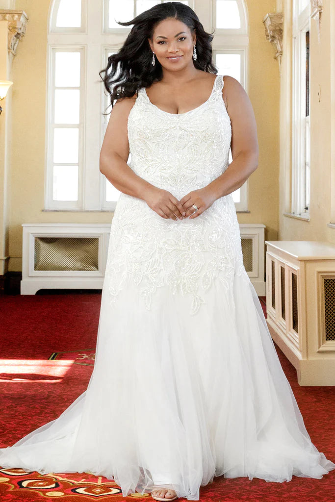 Super Deal Michelle Bridal For Sydney's Closet MB2323 Fitted Silhouette Soft Bridal Tulle Stretch Knit Lining Beaded Leaf Lace Clear Sequins Clear Bugle Beads Scoop Neck Plus Size "Louisa" Bridal Gown