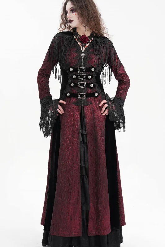 Early Access Red Buckle-up Tassels Women's Gothic Jacket with Hood