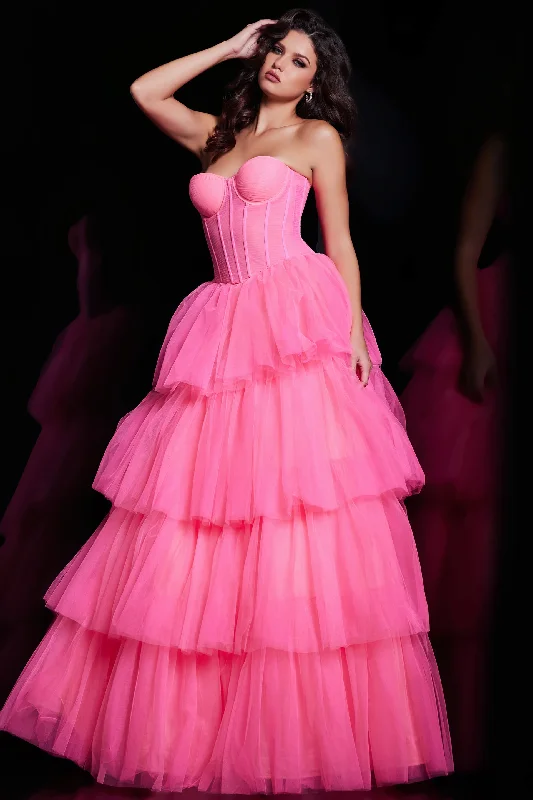 Weekend Flash Sale Jovani 37062 Hot Pink Prom Dress Corset Bodice Tiered Ruffle Ball Gown Skirt Formal Pageant Gown