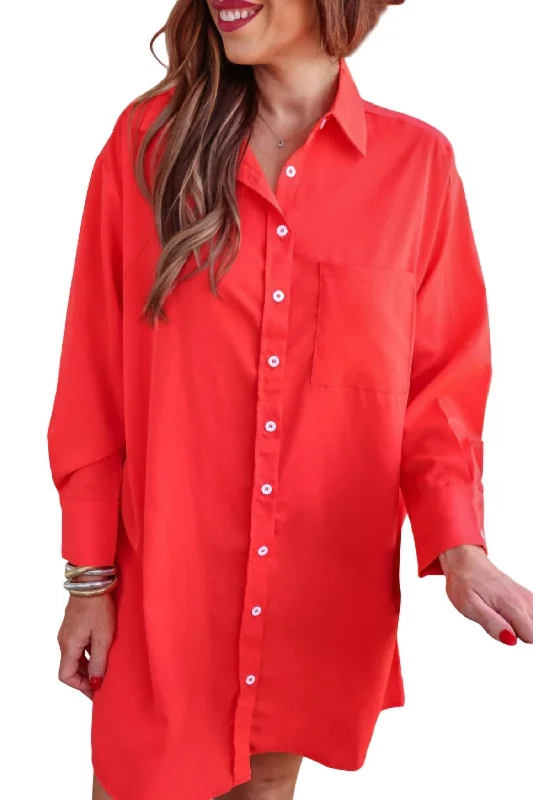 Tristan Button Up Shirt Dress In Coral