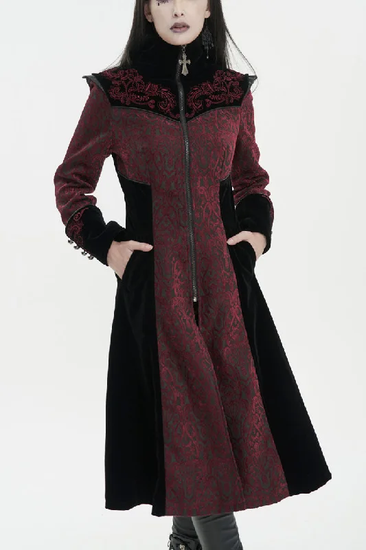 Red Jacquard Studded Mushroom Buckle Metal Cross Embroidered Women's Gothic Coat