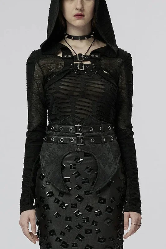 Crazy Deals Black Hollow Stretch-Knit Stitching Detachable Hooded Stripe Buckles Womens Steampunk Jacket