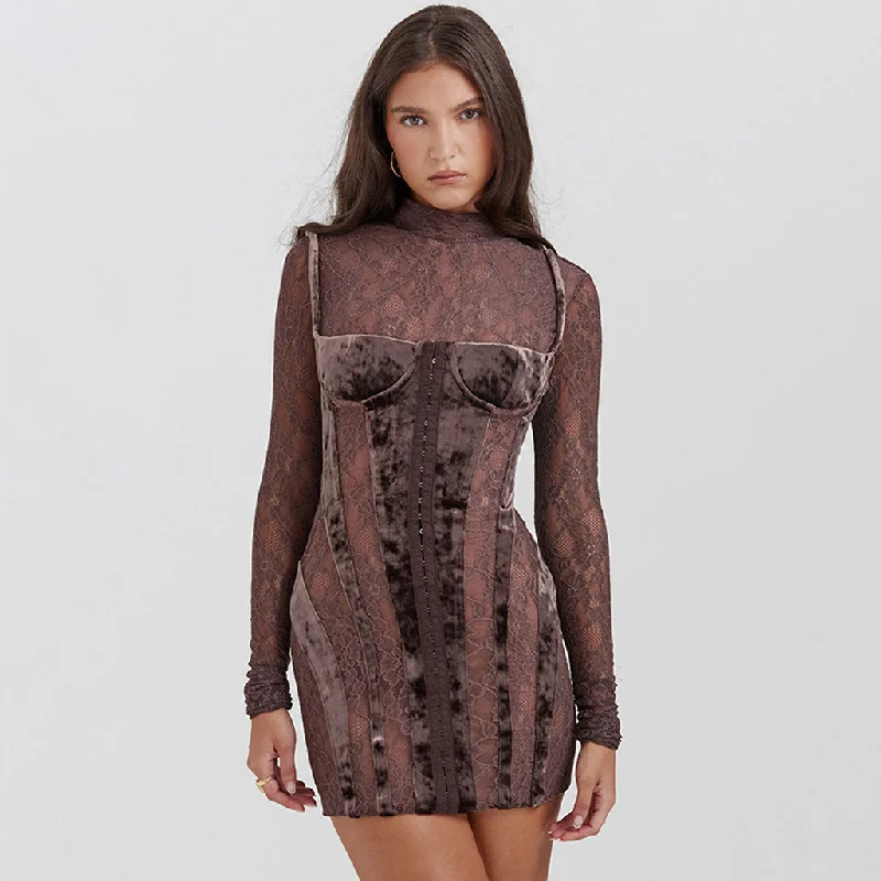 Deal of the Day Nostalgic High Neck Long Sleeve Velvet Panel Sheer Lace Corset Mini Dress