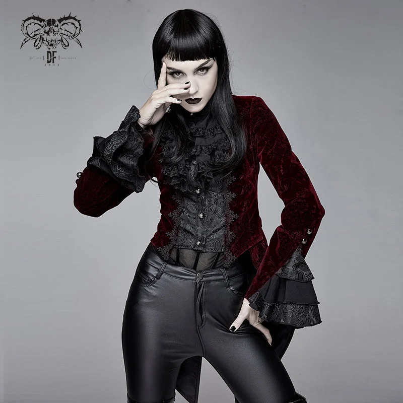Holiday Sale CT13302 Autumn red women gothic party Paisley jacquard velvet swallow-tailed jackets