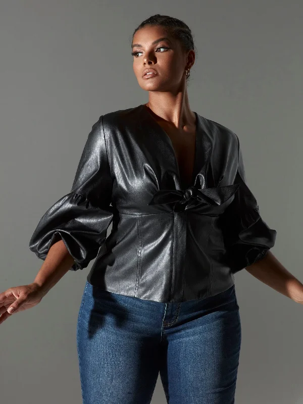 Stock Clearance Ashley Tie Front Faux Leather Top
