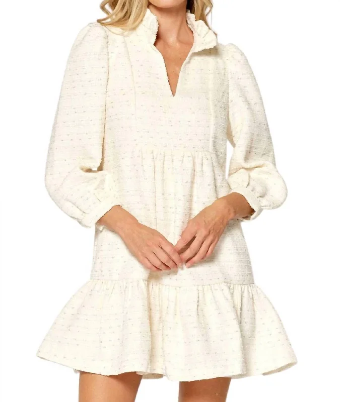 Puff Sleeve Tweed Dress In Off White