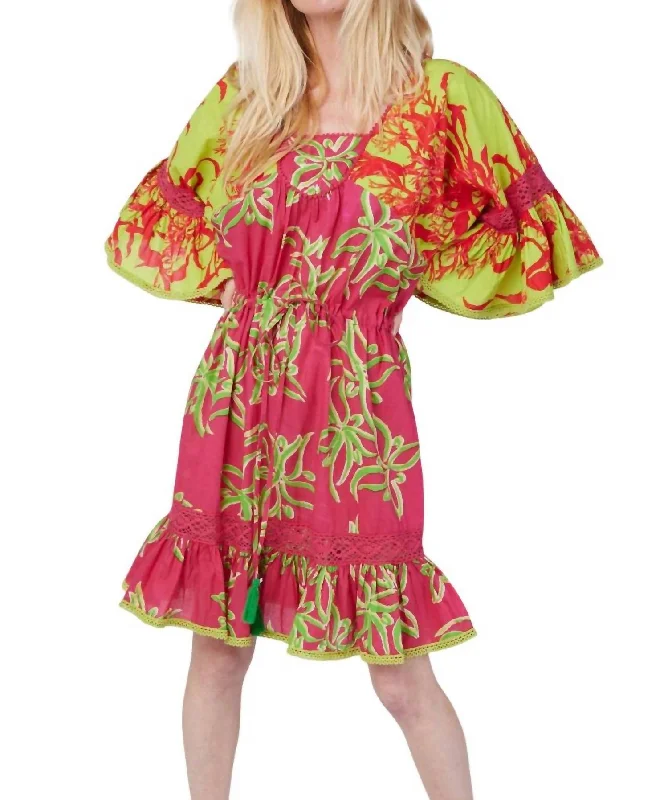 Sandra Tropical Print Mini Dress In Raspberry Lime Combo