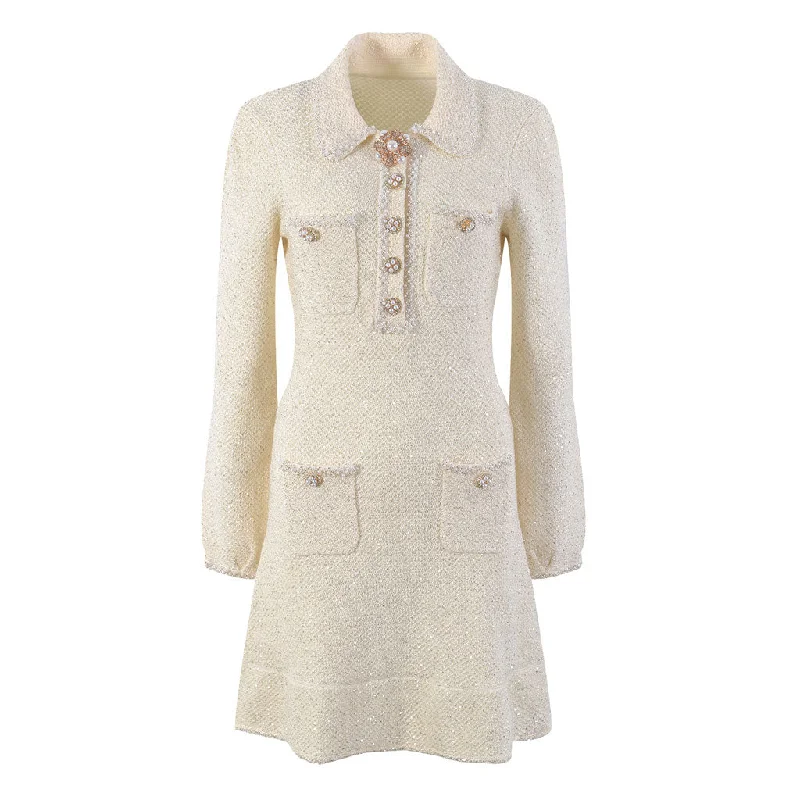 Buy More, Save More Sparkly Pearl Collar Half Button Long Sleeve Ruffled Sequined Wool Knit Mini Dress Buy More, Save More Sparkly Pearl Collar Half Button Long Sleeve Ruffled Sequined Wool Knit Mini Dress