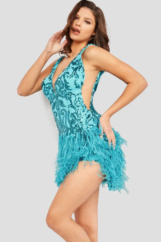 Jovani 23103 Short Fitted Sequin Feather Cocktail Dress Side Slit Homecoming Gown