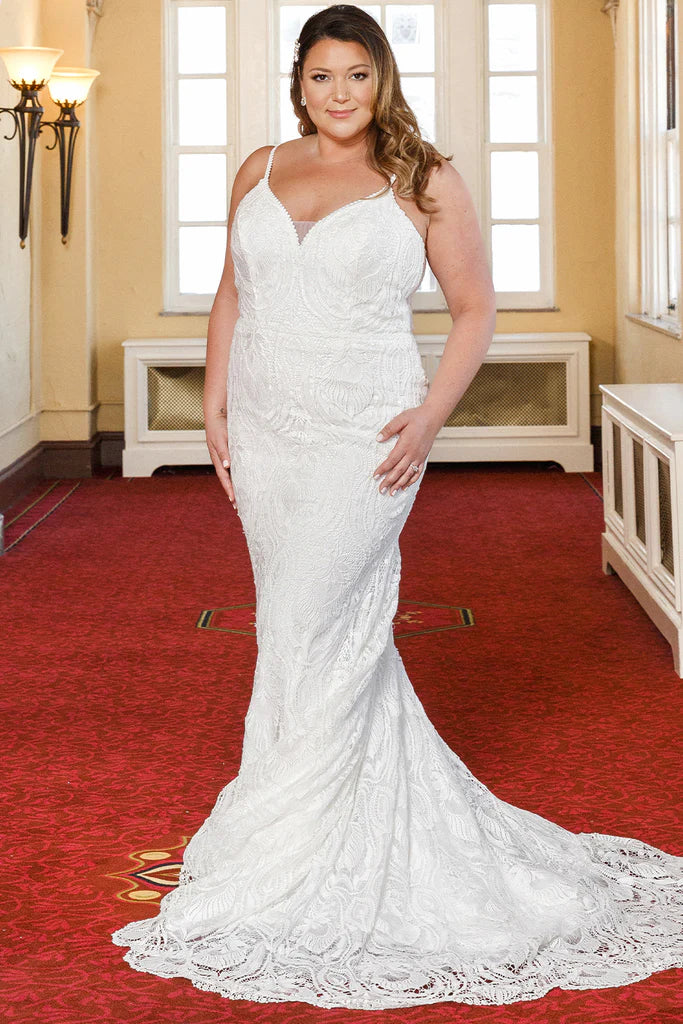 Weekend Deal Michelle Bridal For Sydney's Closet MB2314 Slim Silhouette Crochet Lace Bridal Tulle V-Neck Optional Modesty Panelt Plus Size "Maya" Bridal Gown
