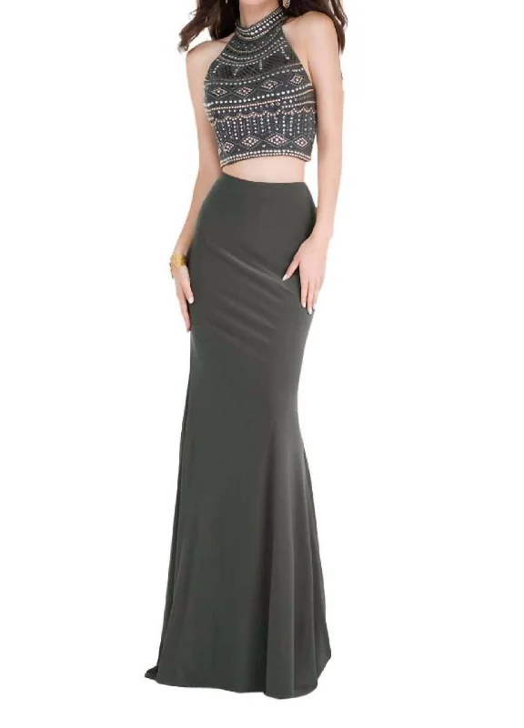 Beaded Crop Two Piece Halter Gown In Moss