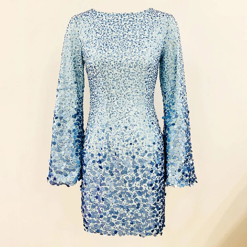 Deep Discounts Sparkly Sequin Embellished Round Neck Flare Long Sleeve Mini Party Dress Deep Discounts Sparkly Sequin Embellished Round Neck Flare Long Sleeve Mini Party Dress