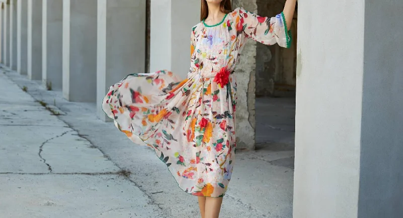 Flower Printed Silk Chiffon Dress In Green Red