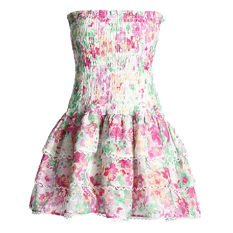Deal Dash Boho Floral Embroidery Strapless Printed Smocked Tiered Ruffled Mini Dress