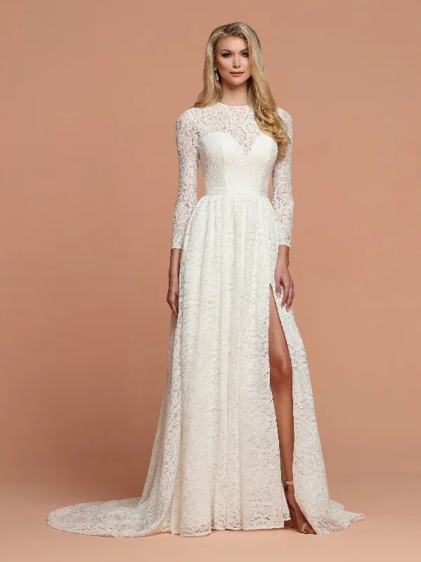 Davinci Bridal 50596 All over Sheer Lace Long Sleeve Neckline Slit Wedding Dress Sweetheart