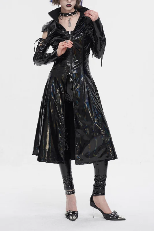 Overstock Black Lace Up Mesh Splice Patent Leather Long Women's Punk Coat