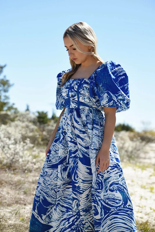 Hurry In Blue Printmaking Square-Neck Cotton Midi Dress