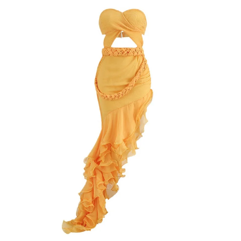 Get It Before It’s Gone Cascading Ruffle Crossed Bandeau Cutout Braided Waist Asymmetrical Evening Dress Get It Before It’s Gone Cascading Ruffle Crossed Bandeau Cutout Braided Waist Asymmetrical Evening Dress