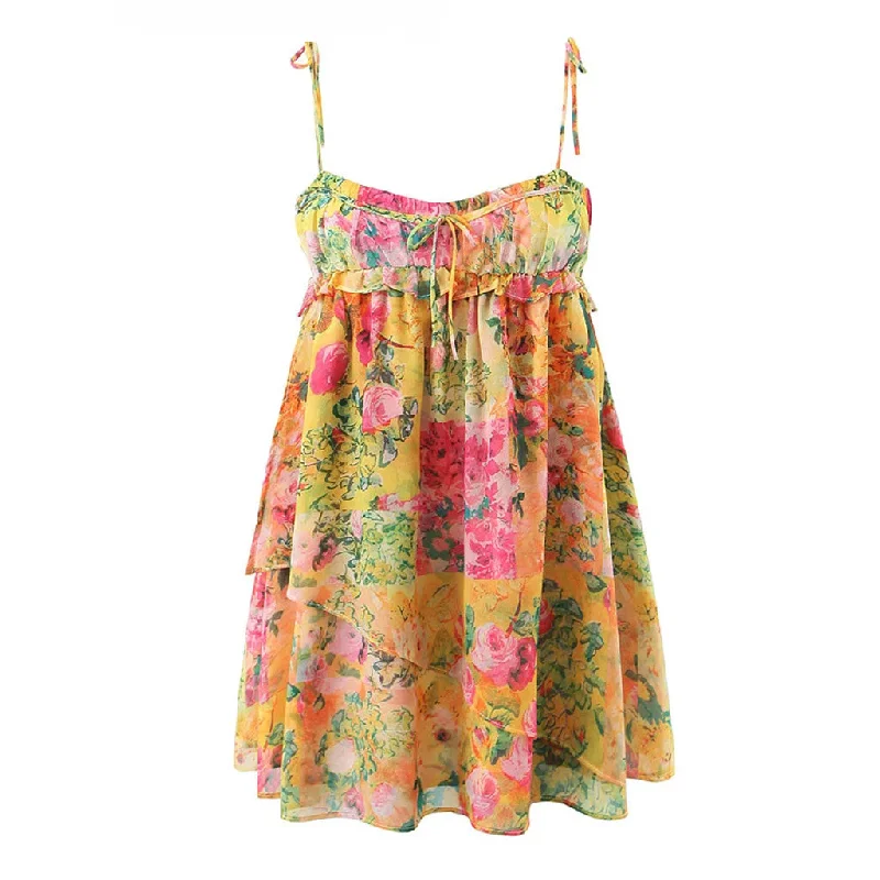 Final Clearance Flowy Boho Print Bow Tie Strap Tiered Chiffon Ruffled Babydoll Mini Sundres Final Clearance Flowy Boho Print Bow Tie Strap Tiered Chiffon Ruffled Babydoll Mini Sundres