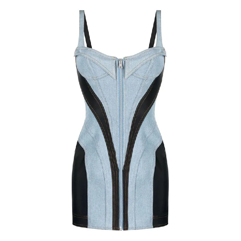 Exclusive Savings Contrast Blue & Black Bustier Front Zip Bodycon Hybrid Denim Mini Sundress
