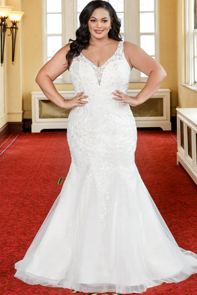 Unbeatable Prices Michelle Bridal For Sydney's Closet MB2317 Fitted Silhouette Tulle Lace Embroidered Lace Appliques Seed Pearls Bugle Beads, Crystals Clear Sequins Satin Lining Deep V-Neck Plus Size "Netali" Bridal Gown